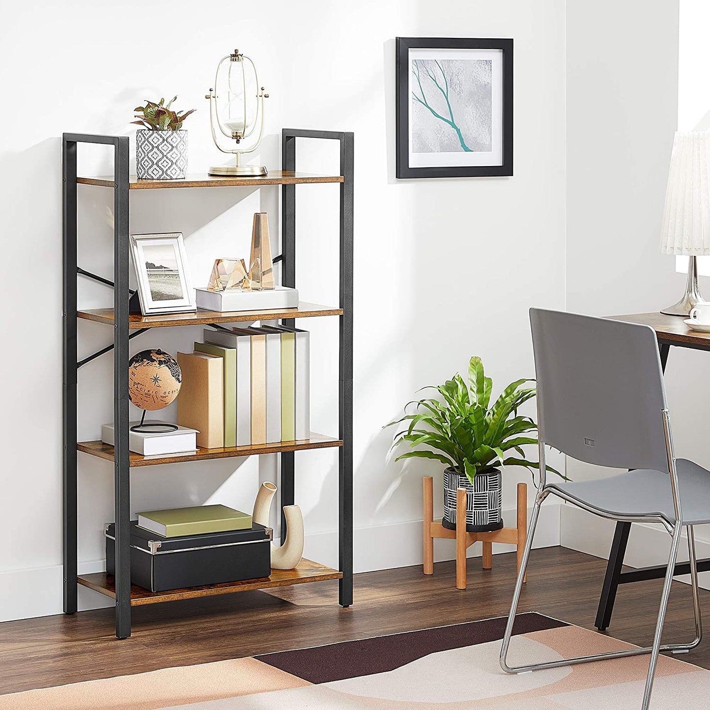 4-Tier  Storage Rack with Steel Frame, 120 cm High, Rustic Brown and Black