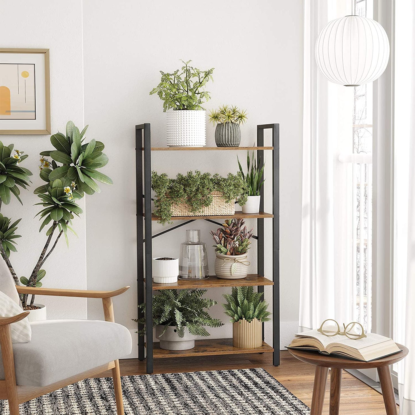 4-Tier Storage Rack with Steel Frame, 120 cm High, Rustic Brown and Black