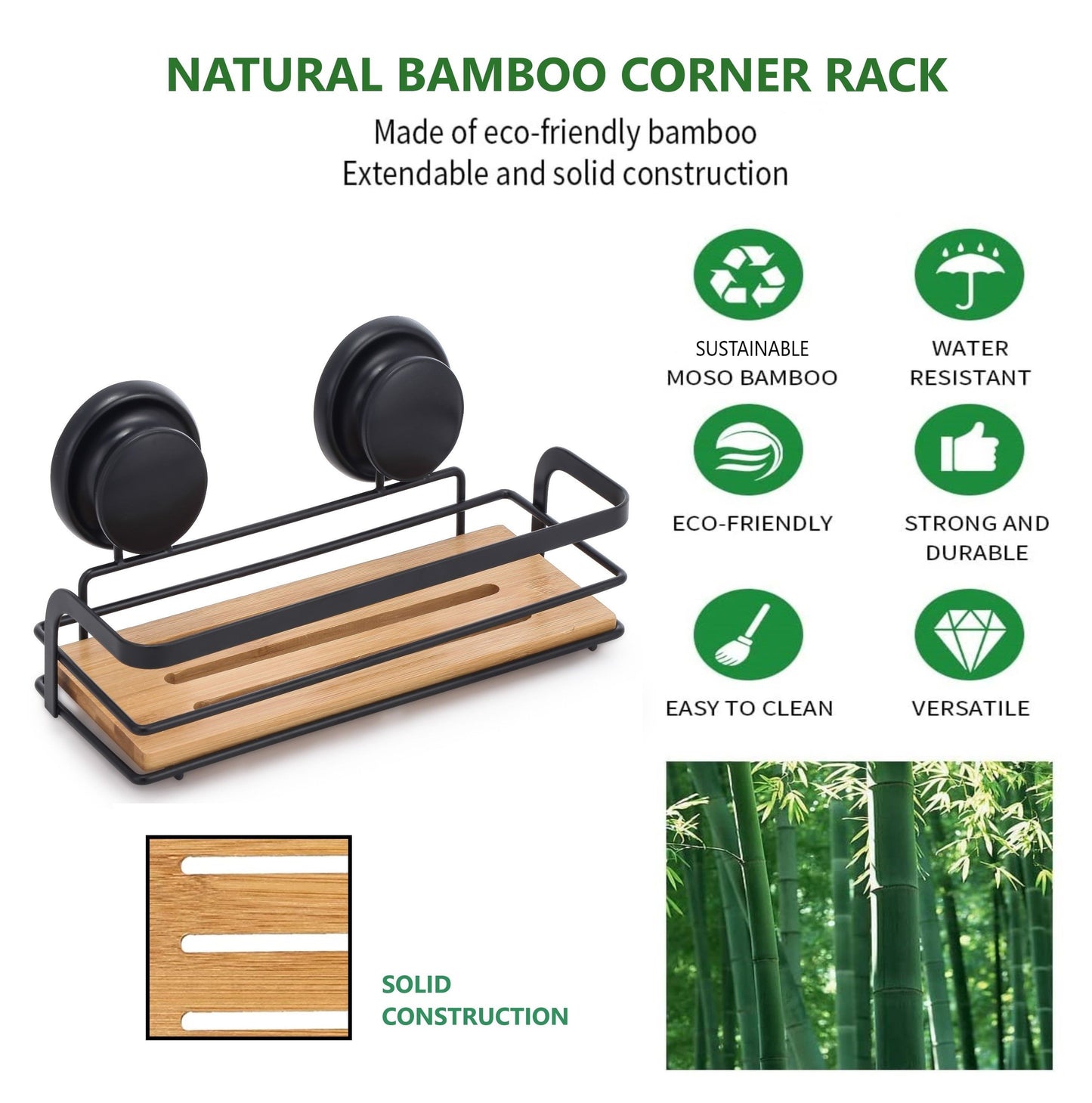 2 Pack Rectangular Bamboo Corner Shower Caddy Shelf Basket Rack with Premium Vacuum Suction Cup No-Drilling for Bathroom and Kitchen