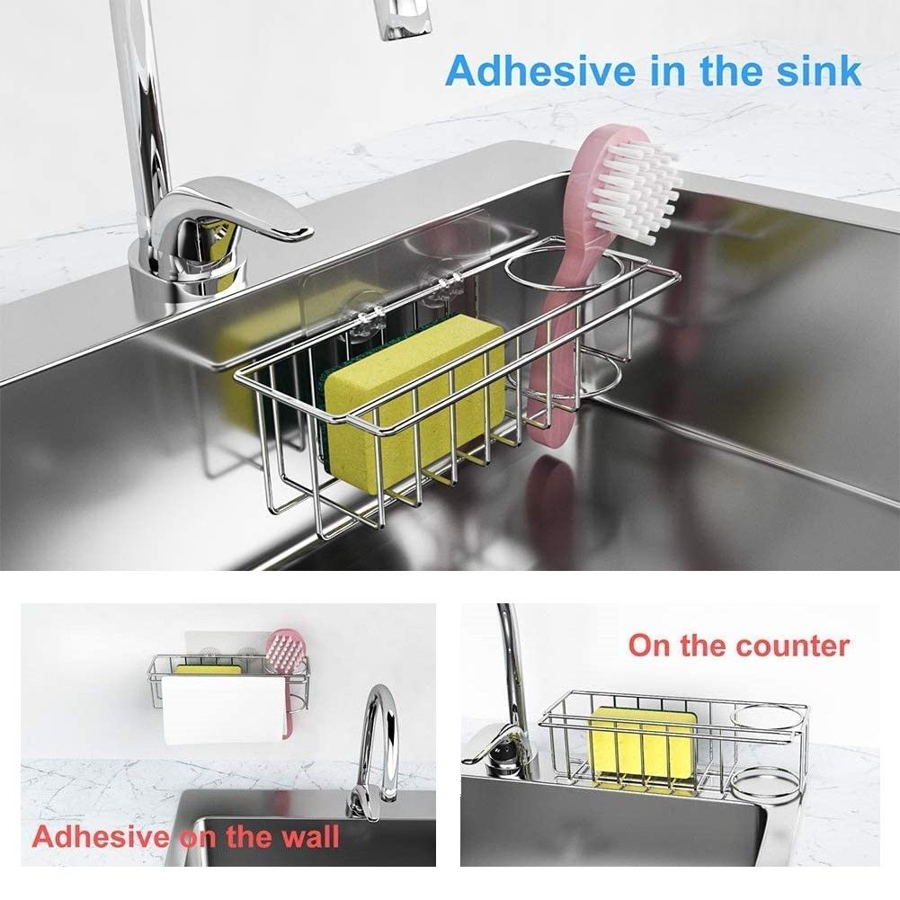 3-in-1 Adhesive Stainless Steel Sink Caddy Organizer Storage for Kitchen Rustproof