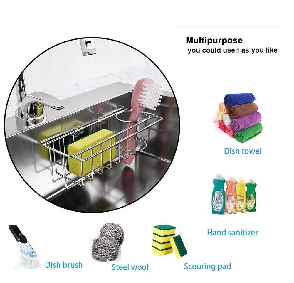 3-in-1 Adhesive Stainless Steel Sink Caddy Organizer Storage for Kitchen Rustproof